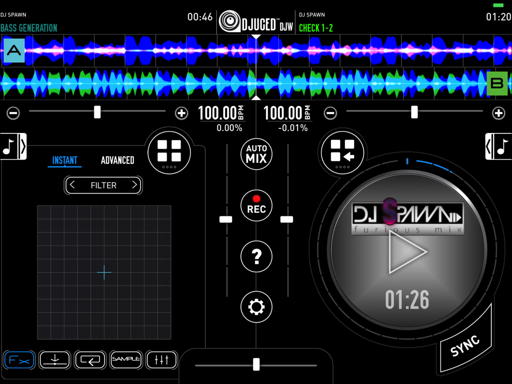 DJUCED DJW - DJUCED DJW iPad app interface showing dual deck waveforms and mixing controls