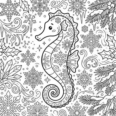 Explore the serene beauty of a Reidi seahorse adorned with winter patterns, set against a backdrop of delicate snowflakes and swirling ice. This charming coloring page offers a unique blend of marine wonder and frosty enchantment for all ages.