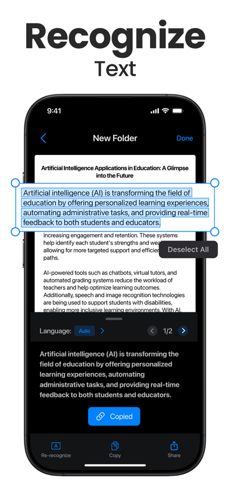 Scanner App - Scan PDF & Docs - スキャナーアプリのOCR機能がドキュメントからテキストを抽出しているモバイル画面。