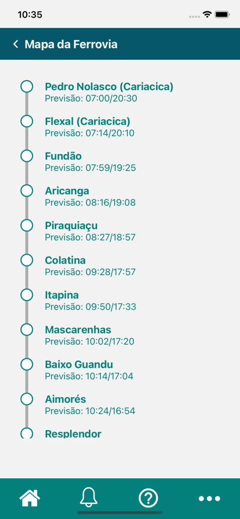 TREM DE PASSAGEIROS - Mapa ferroviário exibindo uma lista de estações de trem e horários de chegada programados