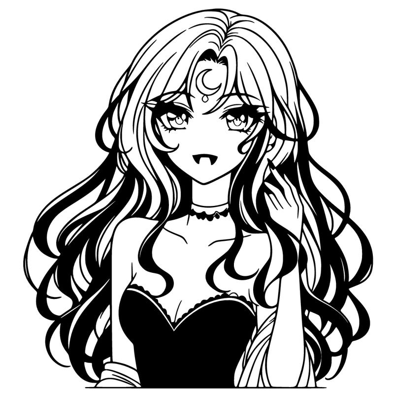 anime vampire woman, beautiful, long dark hair, crescent moon tattoo on forehead