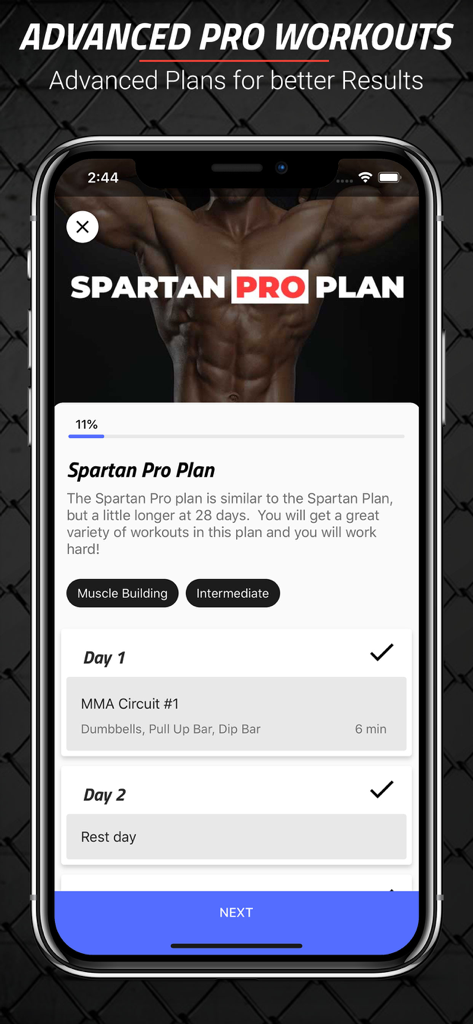 MMA Spartan Workouts Pro - iPhone screen showing the Spartan Pro Plan in the MMA Spartan Workouts app