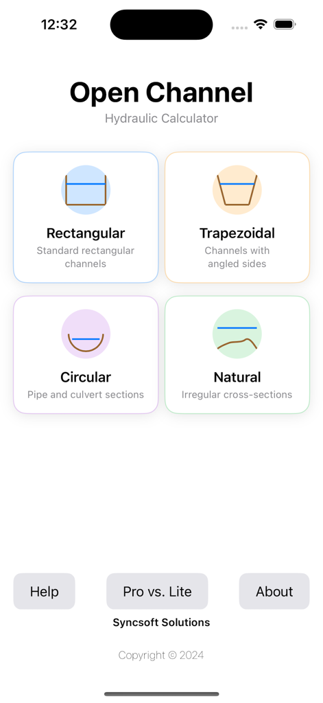 직사각형, 사다리꼴, 원형 및 자연형 채널 옵션이 있는 Open Channel Flow Pro 앱의 메인 메뉴