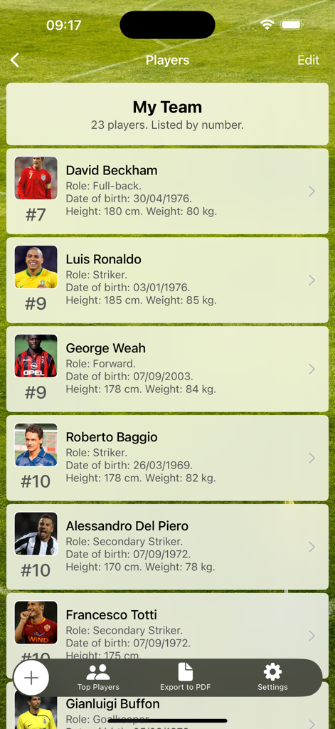 Assistant Coach Soccer app showing a digital roster of soccer players with detailed profiles.