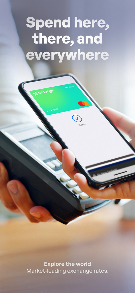 Emerge: Money Made Easy - A smartphone using the Emerge app to make a secure contactless payment at a retail terminal.