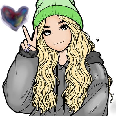 a teenage girl in a beanie, oversized sweatshirt, wavy long hair, and is showing a ✌️