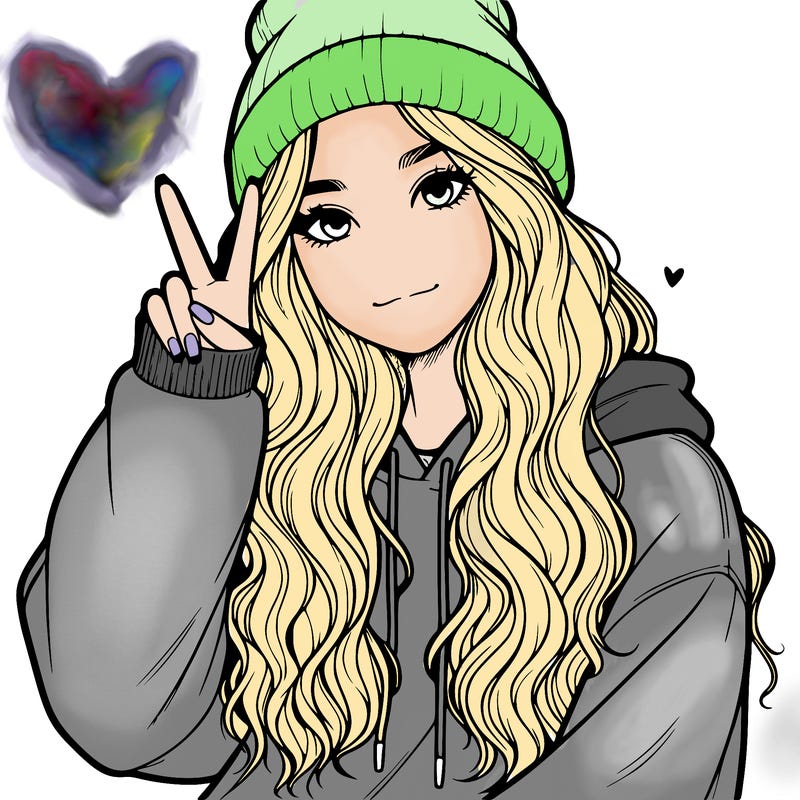 a teenage girl in a beanie, oversized sweatshirt, wavy long hair, and is showing a ✌️