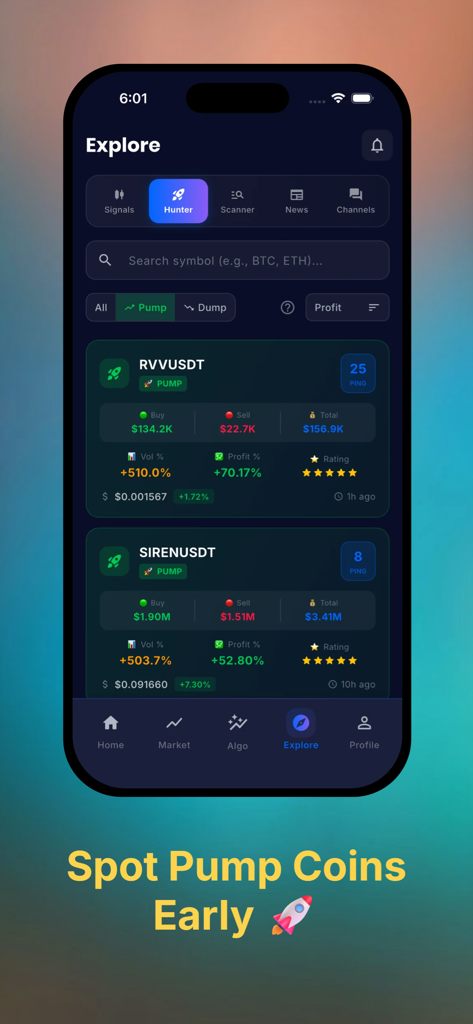 Sindex AI: Crypto Signal Alert - Interface de l'application mobile montrant des alertes de pump crypto en temps réel et des analyses de marché