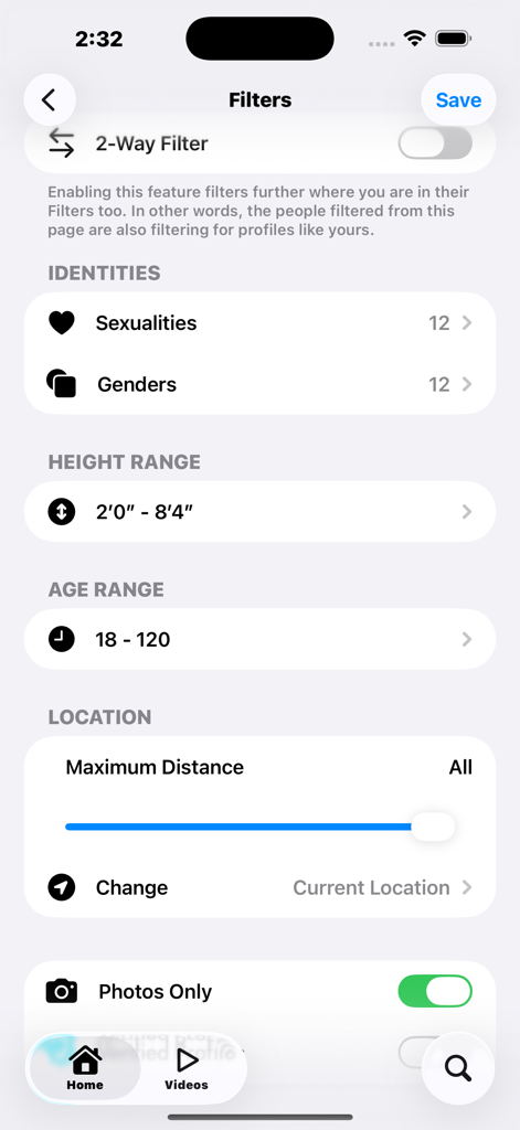 Eden: Watch Video, Meet People - Eden app discovery filters screen showing 2-way filtering, height, age, and location settings.