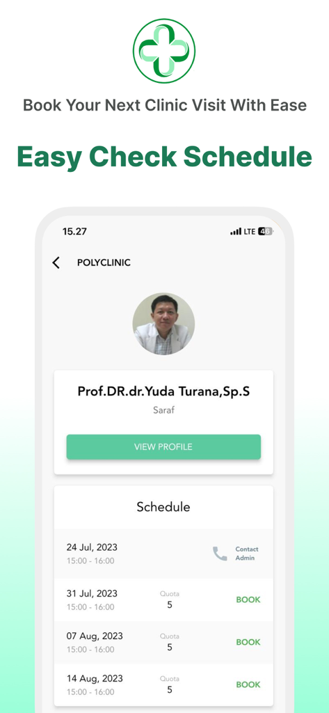 MyRSPIK - Interface of the MyRSPIK app displaying a specialist doctor profile and a weekly appointment schedule with booking buttons.