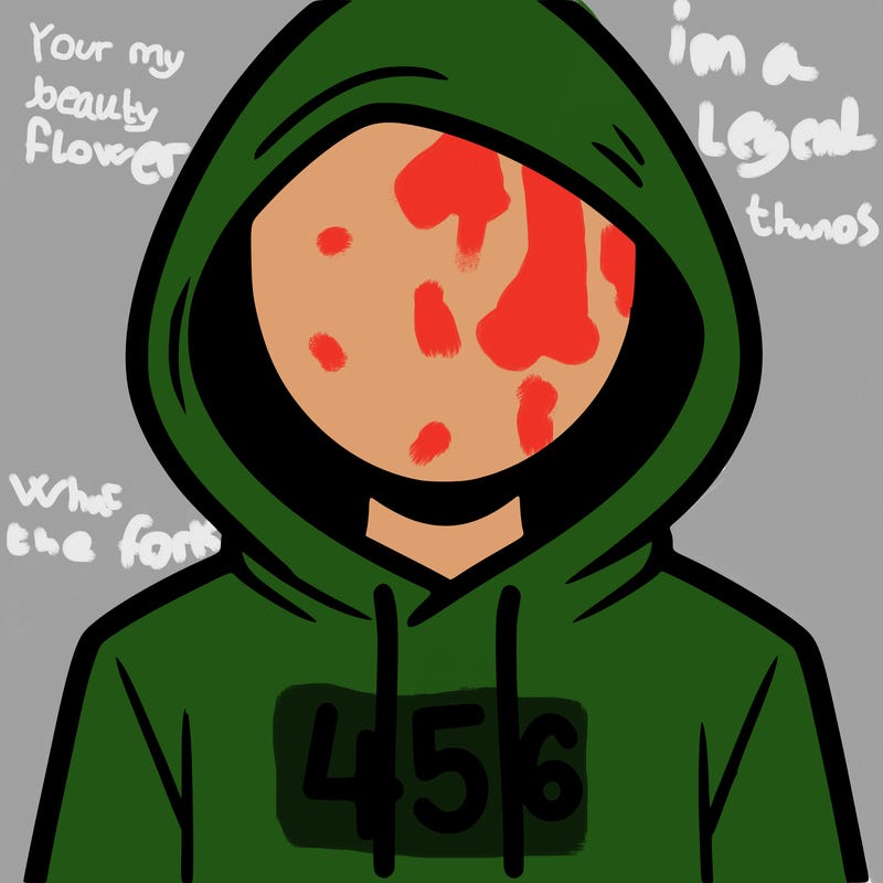 a person with non face waering a hoodie with a 456 symbol
