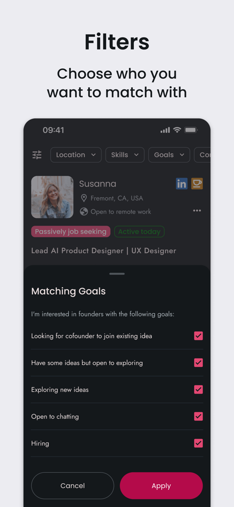 CoffeeSpace: Connect & Build - Interface of CoffeeSpace app showing filters to choose matching goals like finding a cofounder or hiring builders