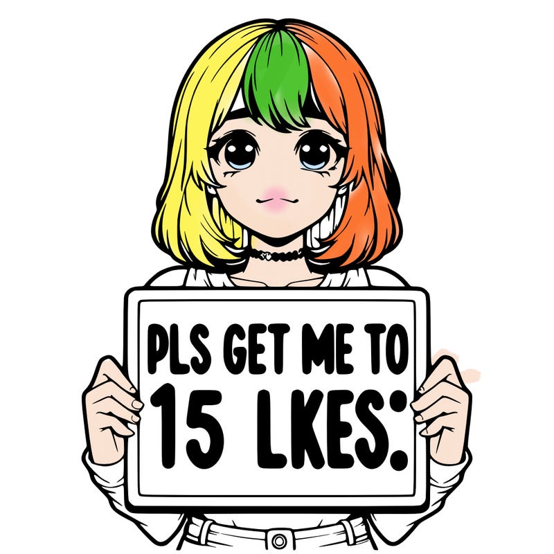 realistic girl holding up a sign that says “pls get me to 15 likes!”