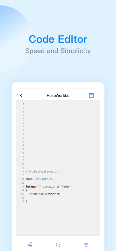 ES File Explorer app code editor interface displaying a C language hello world program