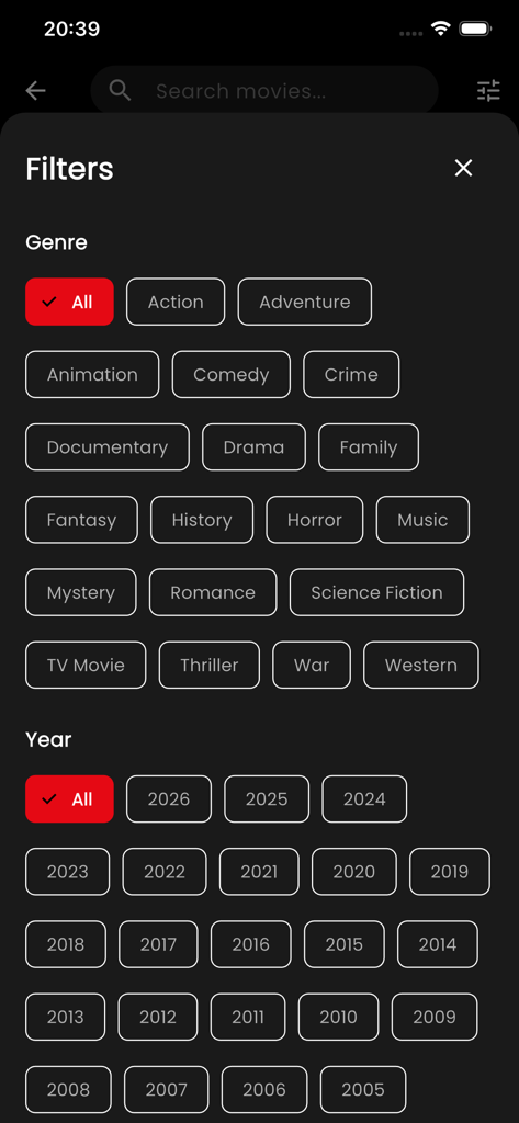 Filter screen in Netmirror app showing a wide selection of movie genres and release years for discovery