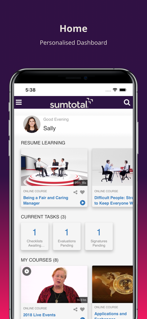 SumTotal Mobile app home screen featuring a personalized dashboard with resume learning courses and pending employee tasks