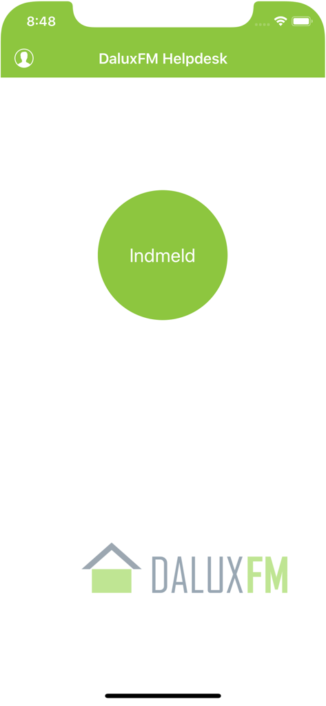 Home screen of the DaluxFM HelpDesk app featuring a large green report button and company logo