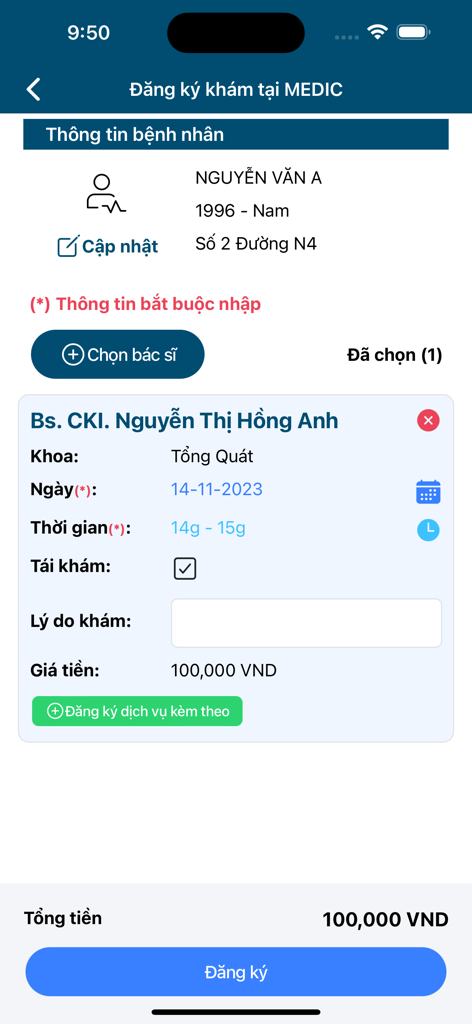 Medic Hoà Hảo - Khám bệnh - A medical appointment registration screen in the Medic Hoa Hao app showing doctor selection and price information