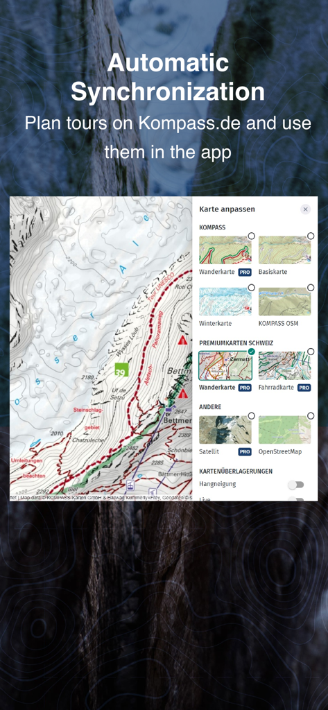 KOMPASS Outdoor & Hiking Maps - KOMPASS app showing automatic synchronization between website planning and mobile maps