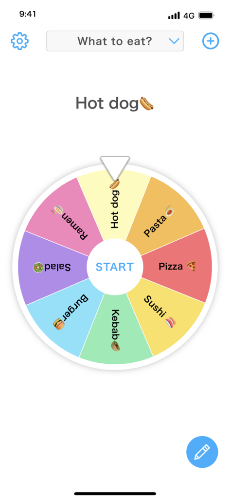 Screenshot of the Wheel plus app interface showing a colorful spinning wheel with food options like pizza sushi and burger used for picking what to eat