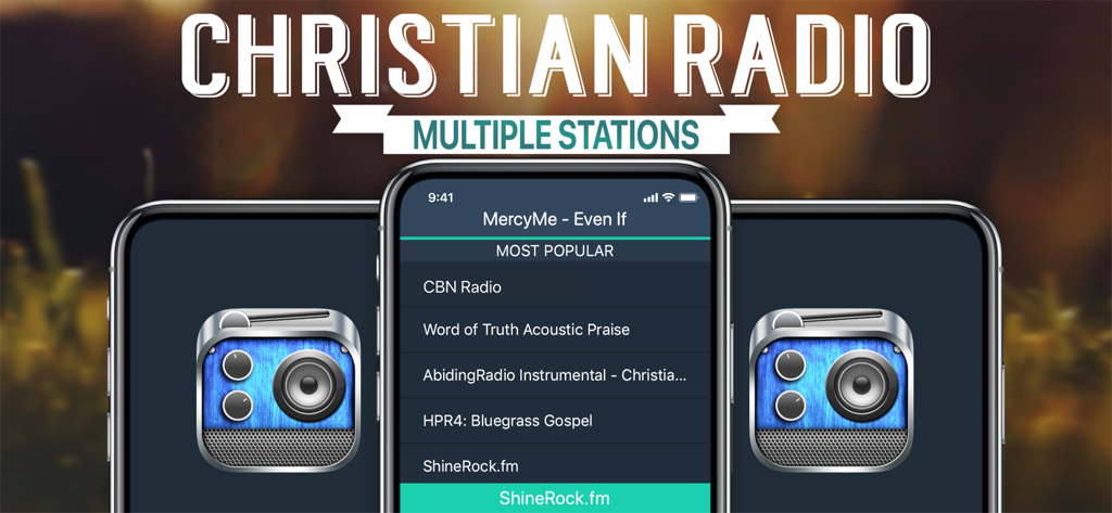 Christian Radio+ - Promotional banner for Christian Radio Plus app showing multiple mobile screens with a list of popular Christian radio stations