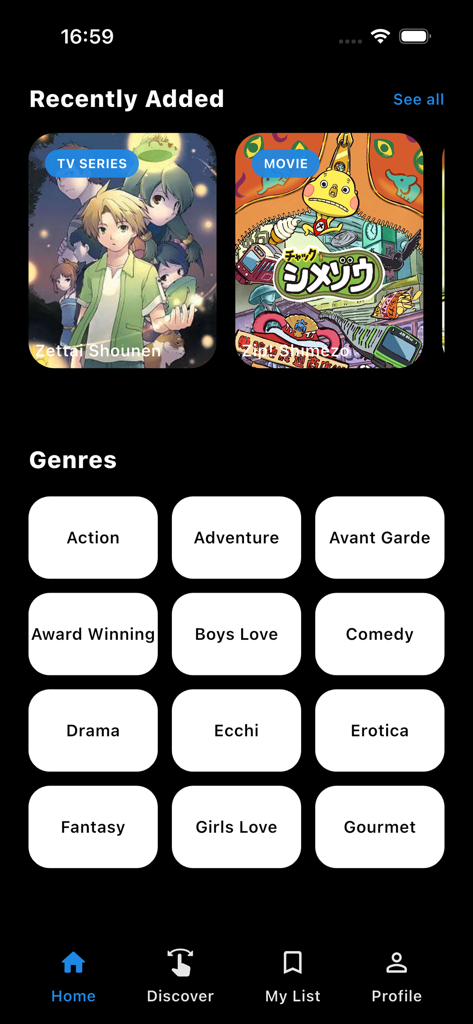 Tela inicial do aplicativo Play Animes TV mostrando títulos de anime adicionados recentemente e categorias por gênero