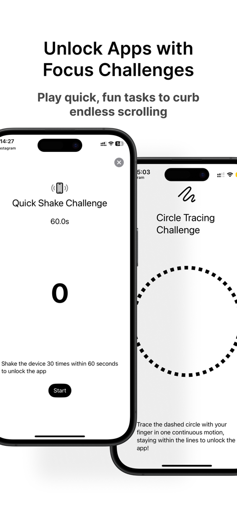ScreenBreak: Cold Turkey Block - Interfaz de la app ScreenBreak mostrando desafíos de enfoque para desbloquear apps y frenar el scrolling