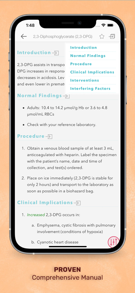 Vista detallada de un procedimiento de prueba de laboratorio y hallazgos clínicos dentro de la interfaz de la aplicación Guía de Laboratorio y Pruebas Diagnósticas.