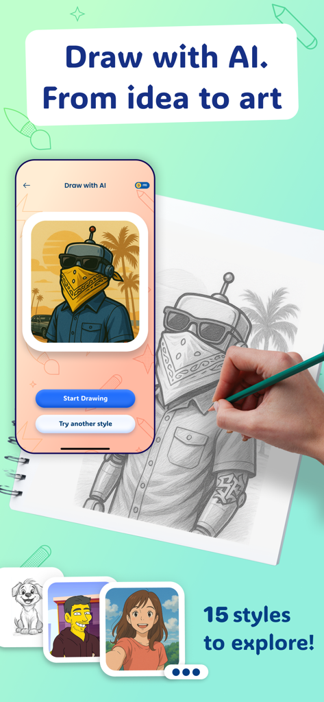 AR Drawing & Tracing - DrawToo - A hand sketching an AI generated character onto paper using the DrawToo app AR projection feature