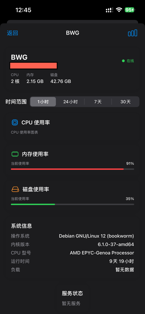 Real-time VPS server monitoring dashboard showing CPU, memory, and disk usage statistics