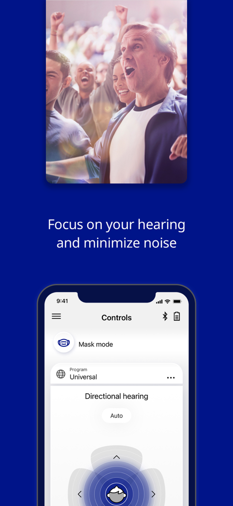 AudioService App - AudioService App interface on a smartphone showing directional hearing and mask mode settings for hearing aid users in a crowd