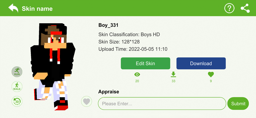 3D preview of a custom boy character skin in the Skin Editor 3D mobile app