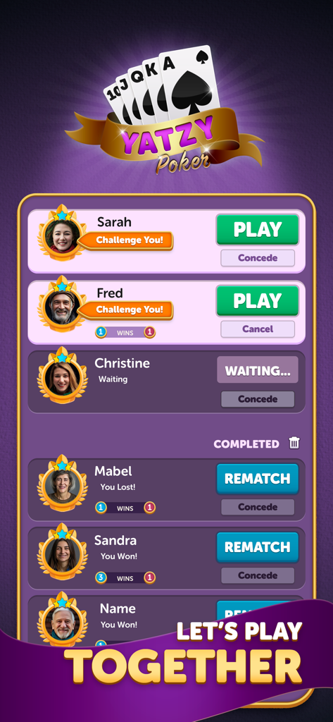 A list of multiplayer challenges and game results in the Yatzy Cards app.