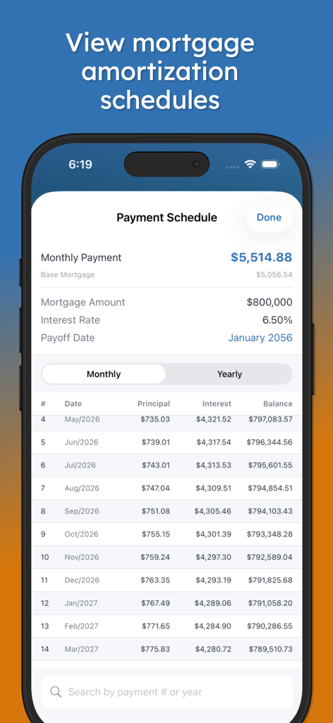 Mortgage Pal - Loan Calculator - Mortgage Pal app interface showing a detailed mortgage payment schedule and amortization table