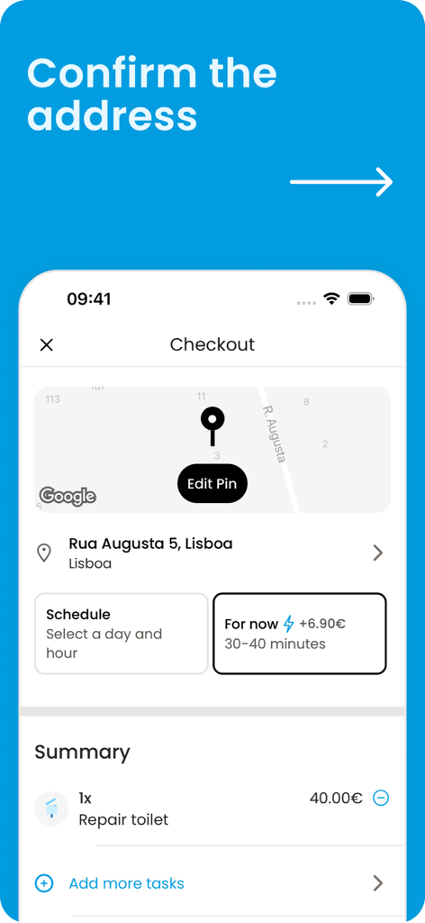 OSCAR: home services - Checkout screen of OSCAR home services app showing address confirmation and service summary for a toilet repair
