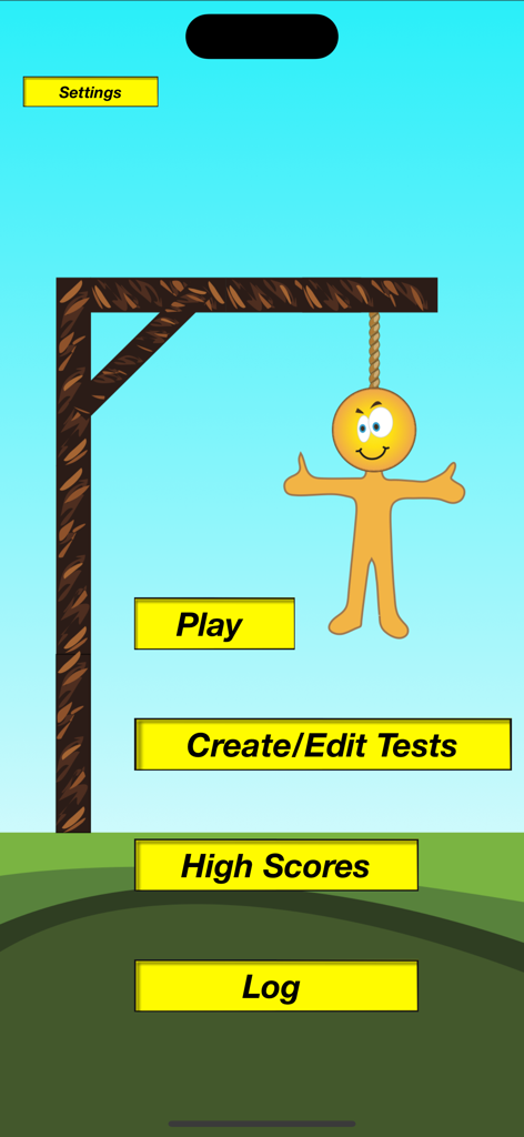 Spelling Hangman - Spelling Hangman app home screen featuring buttons to play and create custom spelling tests alongside a yellow hangman character.
