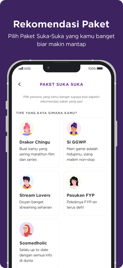 AXISNet - AXISNet 모바일 앱 화면. 게임 및 스트리밍과 같은 다양한 사용자 라이프스타일에 맞는 개인화된 데이터 요금제 옵션을 보여줍니다.