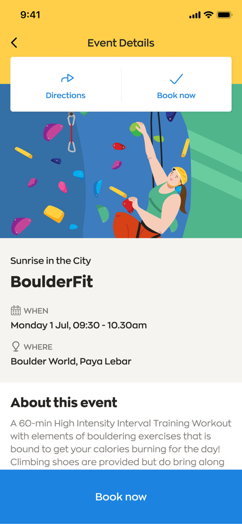 Healthy 365 - Healthy 365 app screen showing details and booking options for a BoulderFit bouldering workout session