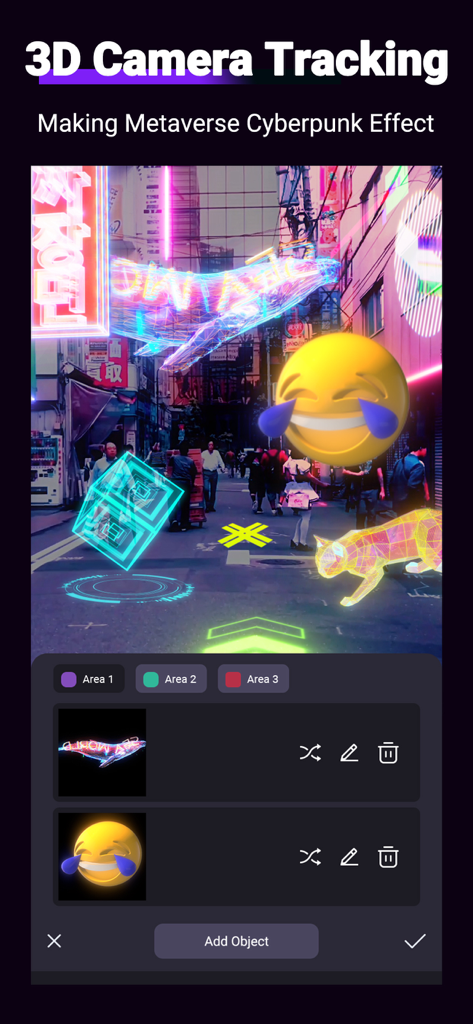 Motion Ninja video editor interface showing 3D camera tracking with cyberpunk neon effects and objects.