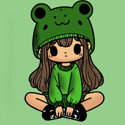 a girl wearing a frog hat and some frog socks
