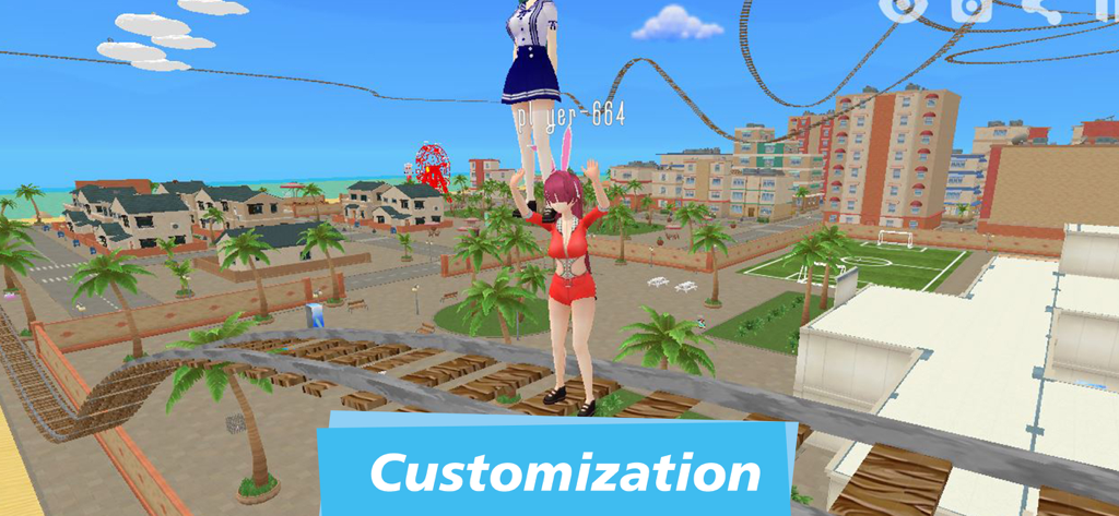 Anime Island Multiplayer: WS - Una chica de anime con orejas de conejo parada en vías altas con vistas a una ciudad isleña virtual