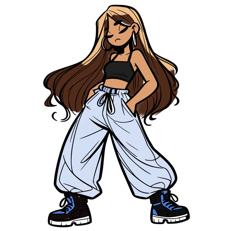 girl in baggy pants crop top and long hair