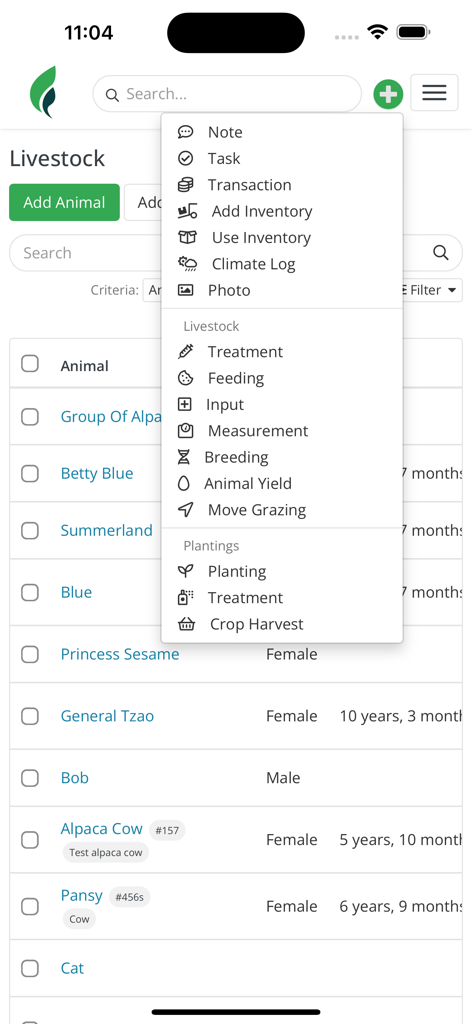 Farmbrite app livestock management interface showing a list of animals and an open dropdown menu for quick actions like treatment, feeding, and task logging.
