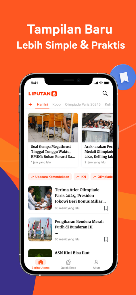 Liputan6.com - Berita Terkini - Liputan6 app interface showing the latest news headlines in Bahasa Indonesia with a modern design