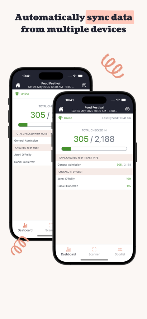 Deux téléphones affichant des données d'enregistrement d'événements synchronisées et des progrès sur le tableau de bord Ticket Tailor