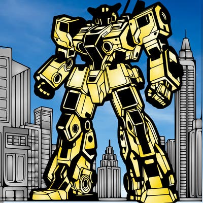 mecha in a city battle zone.