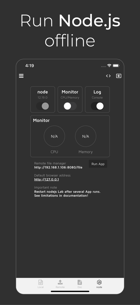 Interfaz de la aplicación móvil Node.js Lab mostrando controles para ejecutar scripts de node sin conexión y monitorear recursos del sistema