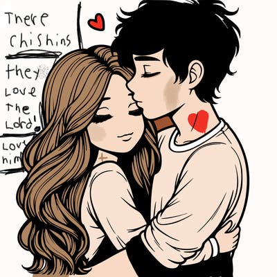 a realistic couple boy and girl hugging and kissing