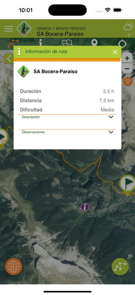 Satellite map view of a hiking route in a Spanish national park with duration and distance details