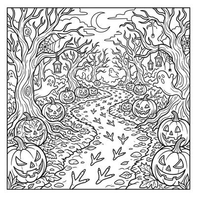 Embark on a mysterious journey through a spooky Halloween forest, guided by unusual turkey tracks. This captivating coloring page is brimming with grinning jack-o'-lanterns, eerie ghosts, and gnarled trees, perfect for a hauntingly fun activity.